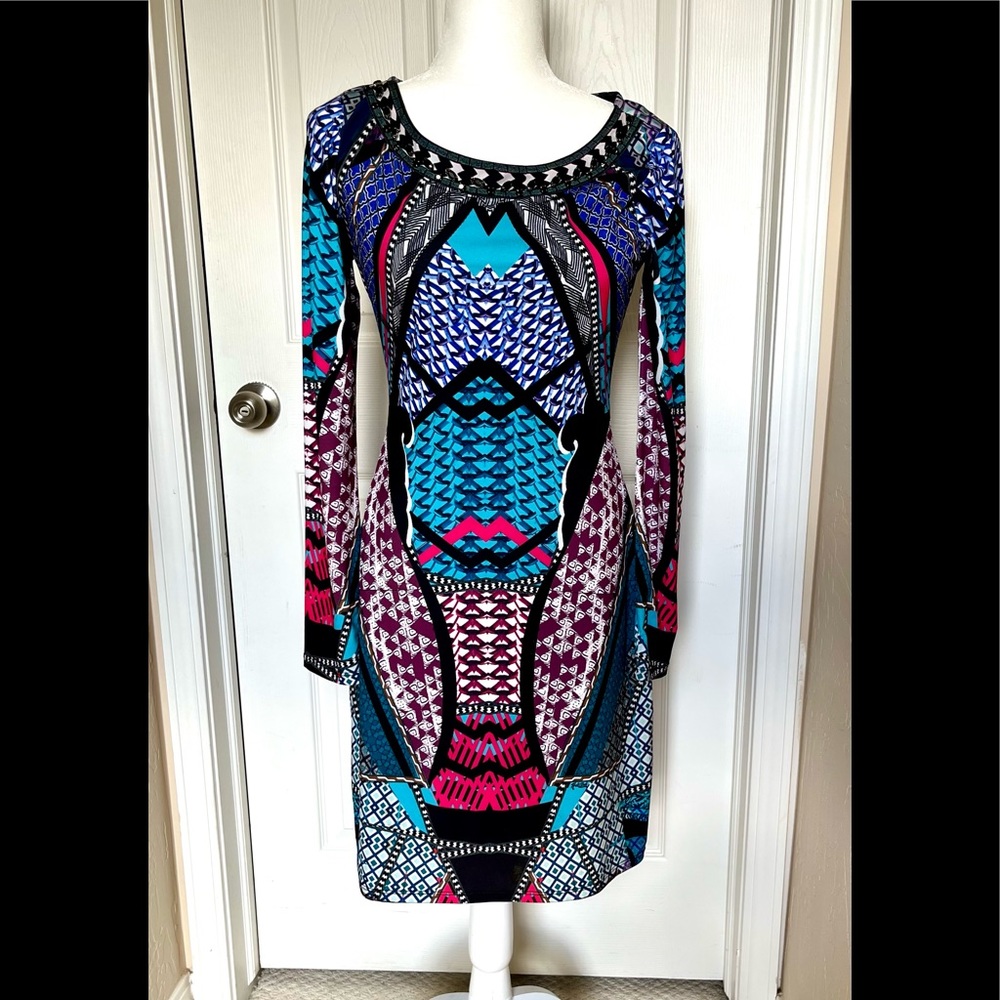 Hale Bob cocktail dress. Puccini like print, black rhinestone trim on neckline.